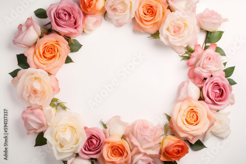 Rose flower frame for Mother?s day, International Women's Day, wedding background, Pink, peach and white roses on white background, Generative AI
