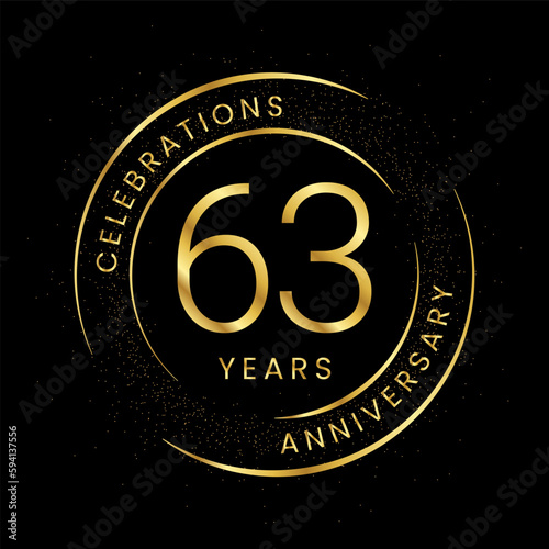 63th anniversary, golden anniversary with a circle, line, and glitter on a black background.