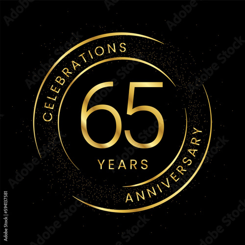 65th anniversary, golden anniversary with a circle, line, and glitter on a black background.