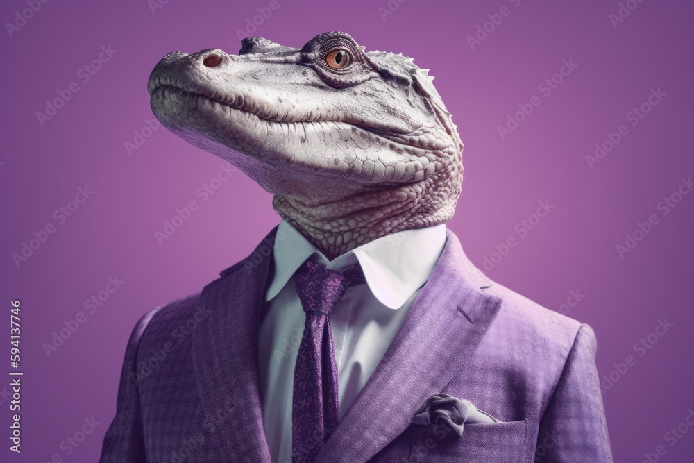 Anthropomorphic Alligator dressed in a suit like a businessman. Business Concept. AI generated, human enhanced Anthropomorphic Alligator dressed in a suit like a businessman. Business Concept. AI generated, human enhanced