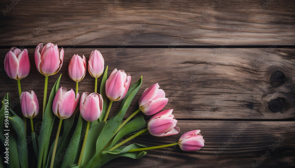 Rustic Wooden Background with Pink Tulips for Mother's Day, Generative AI Rustic Wooden Background with Pink Tulips for Mother's Day, Generative AI