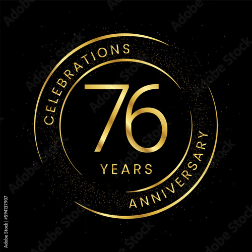76th anniversary, golden anniversary with a circle, line, and glitter on a black background.
