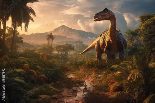 Majestic dinosaur in a fantasy landscape. AI generated  human enhanced