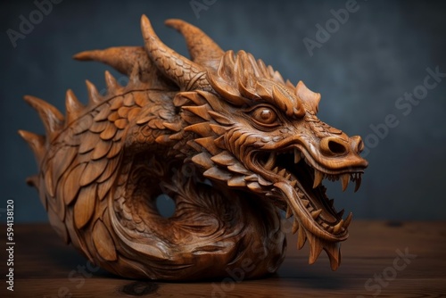 Dragon carved from mahogany wood. AI generated, human enhanced