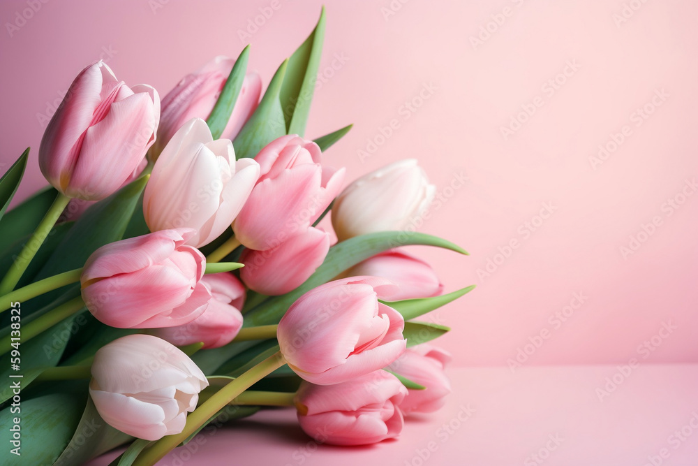 Beautiful composition of spring flowers, Bouquet of pink tulips flowers on a pastel pink background, Birthday, Mother's Day, Generative AI