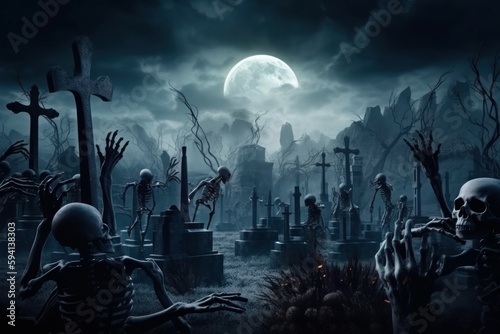 Zombies Rising In Dark. Bones And Skulls Out Of A Cemetery. AI generated, human enhanced © top images
