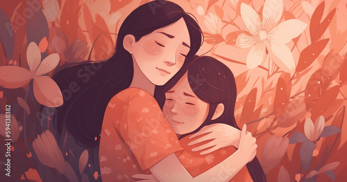 Mother's day, illustration of mom and daughter hugging each other, Generative AI