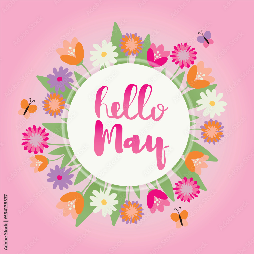 Hello May card with decorative floral frame, vector illustration, decorative florid background with copy space