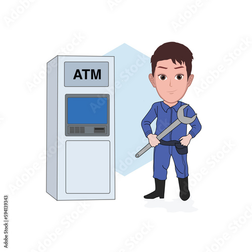 cartoon caricature character of an automatic teller machine maintenance worker posing with a wrench. Vector isolated illustrations.