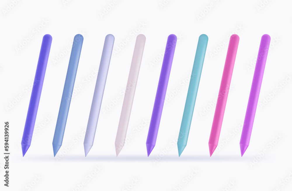Stylus set for tablet. A signing tool on a touch gadget. Digital use of professional graphics 3d. Instrument for drawing, modern digital pens. Multicolored isolated styluses for signature. Vector. Stylus set for tablet. A signing tool on a touch gadget. Digital use of professional graphics 3d. Instrument for drawing, modern digital pens. Multicolored isolated styluses for signature. Vector.
