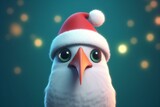 3D Rendered bird wearing a Santa hat for the 2022 Christmas holiday season. Traditional Santa red and white hat with modern kid-friendly animation style. Bright and colorful seasonal. Generative AI