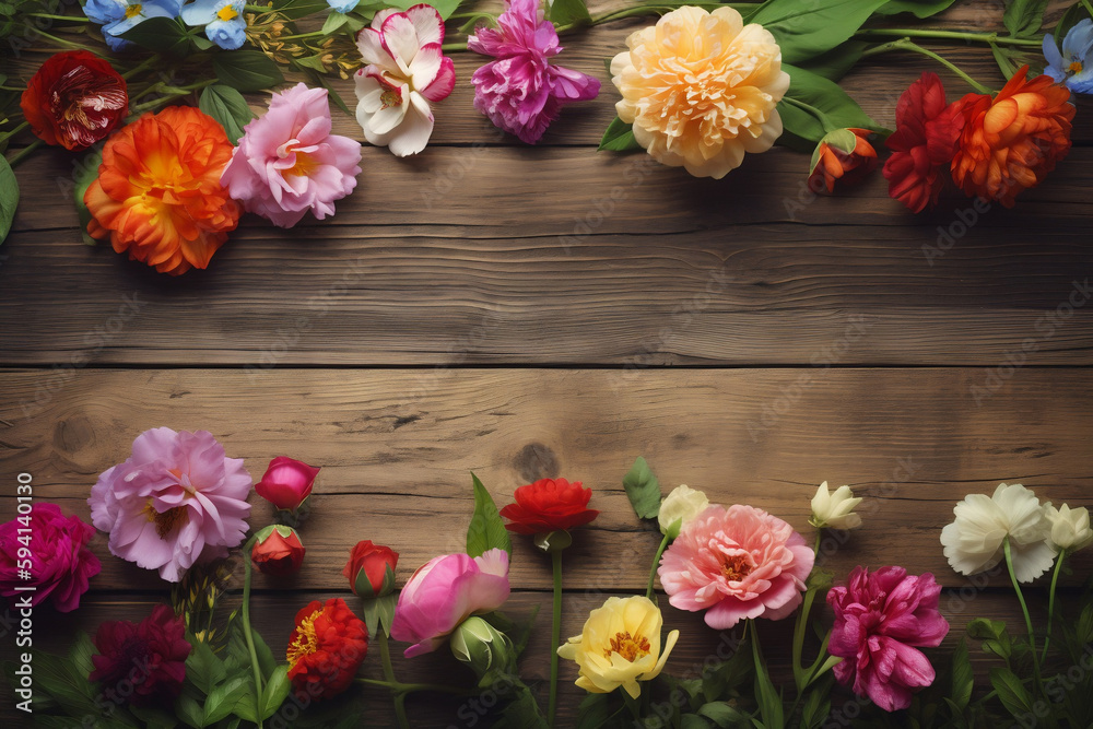 Fototapeta premium Garden flowers on wooden table background for mother day design, Generative AI