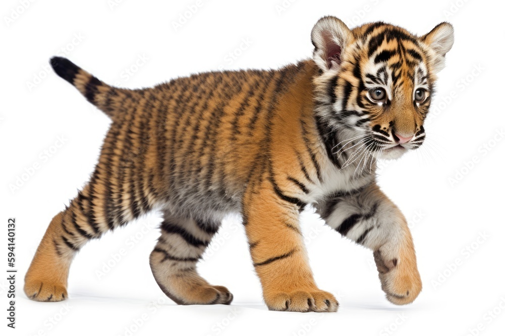 cute tiger cub walking on a white background. Generative AI