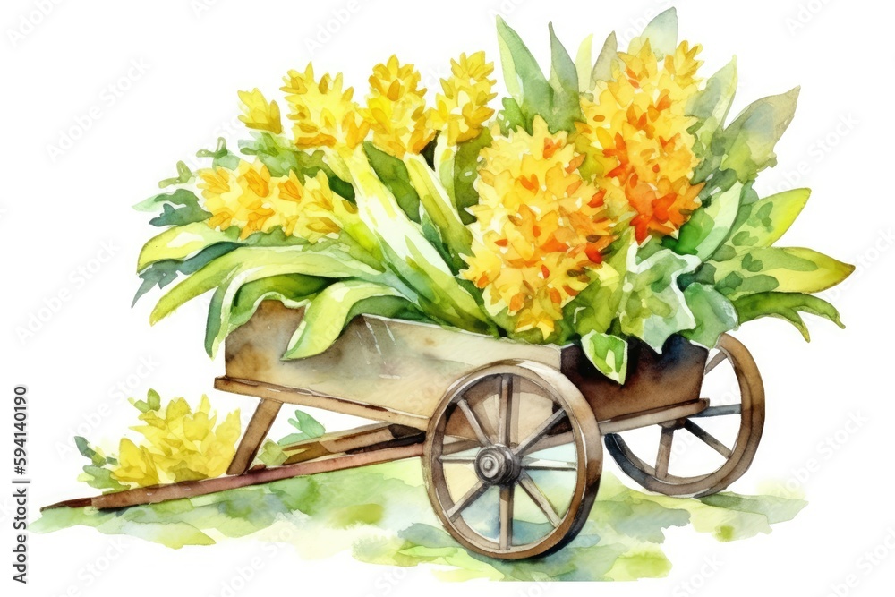 wagon filled with bright yellow flowers in a watercolor painting. Generative AI