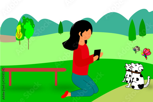 People pets owner vector illustration. Cartoon flat happy girl character has fun with own animals in the park. Replaceable vector design.