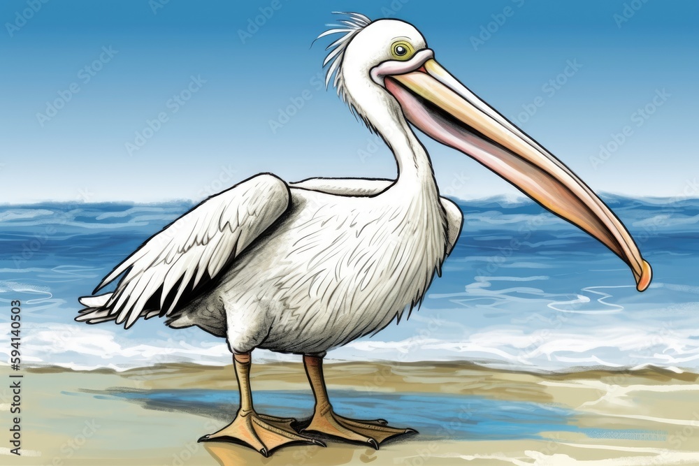 pelican standing on a sandy beach with ocean waves in the background. Generative AI pelican standing on a sandy beach with ocean waves in the background. Generative AI