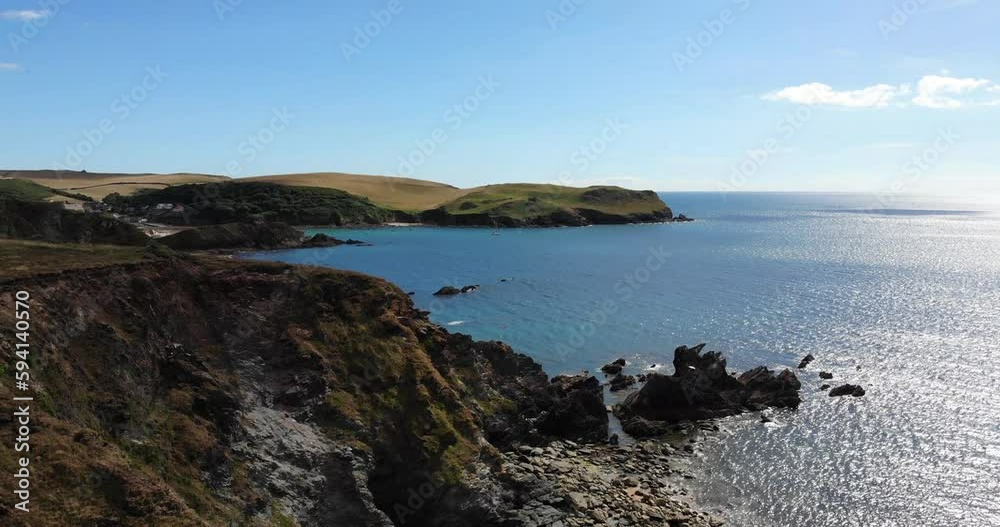 Aerial View Of Across Thurlestone Coastline In South Devon. Ascending Shot Aerial View Of Across Thurlestone Coastline In South Devon. Ascending Shot