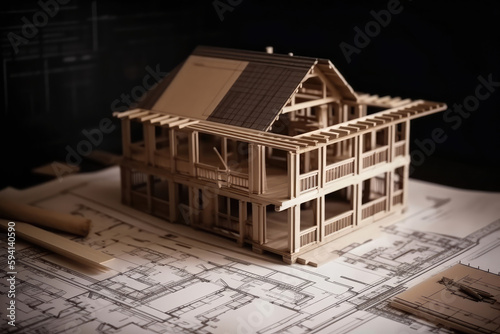 Building house on blueprints - construction project, generative AI