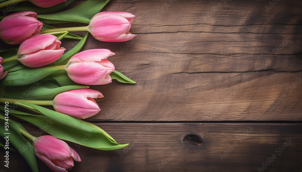 Rustic Wooden Background with Pink Tulips for Mother's Day, Generative AI Rustic Wooden Background with Pink Tulips for Mother's Day, Generative AI