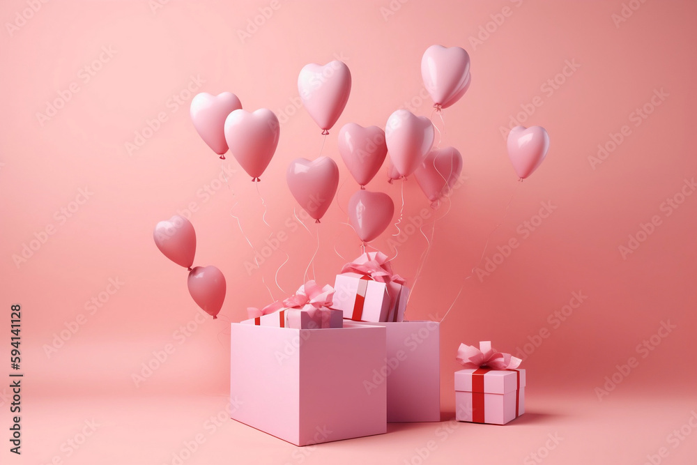 concept 3D heart shaped balloons flying with gift boxes on pink background, Love concept for Happy Mother's Day, Generative AI
