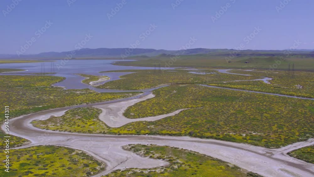 Aerial Bird's Eye View of Carrizo Plain and Soda Lake in California During the Wildflower Superbloom Aerial Bird's Eye View of Carrizo Plain and Soda Lake in California During the Wildflower Superbloom