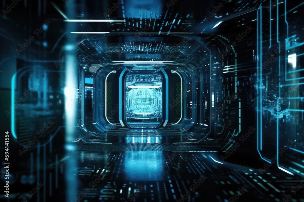 Obraz premium Futuristic Tunnel with Blue Lights and Black-and-White Lines. Generative AI