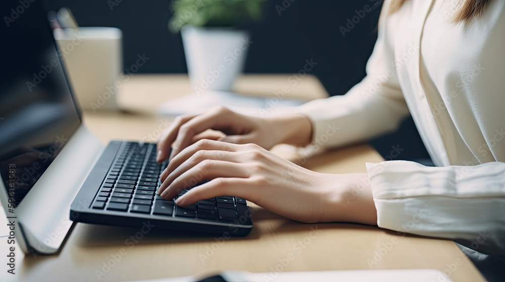 young woman is typing something on a keyboard. Generative AI young woman is typing something on a keyboard. Generative AI