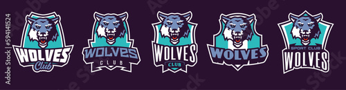 Set of sports logos with wolf mascots. Colorful collection sports emblem with wolf mascot and bold font on shield background. Logo for esport team, athletic club. Isolated vector illustration