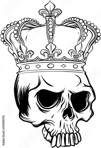 monochrome Hand drawn vector illustration of king skull