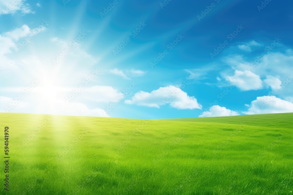 beautiful green field under a bright blue sky. Generative AI