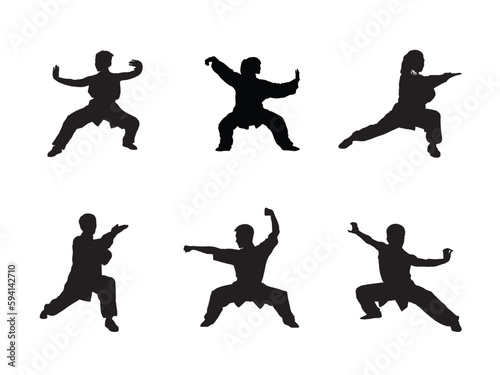 Wushu  kung fu  Taekwondo. Silhouette of people isolated on white background. Sports positions. Design elements and icons. Fighting stance. Vector illustration. Set