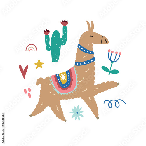 Cute vector poster with llama surrounded by tropical plants in bright color in scandinavian style for your design
