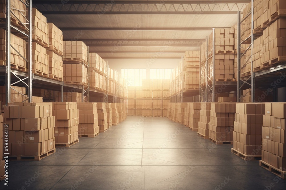 Warehouse with cardboard boxes inside on pallets racks, logistic center