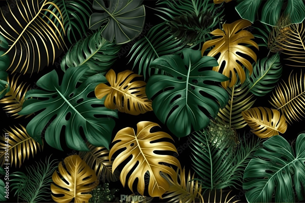 Naklejka premium green and gold leaves on a black background. Generative AI