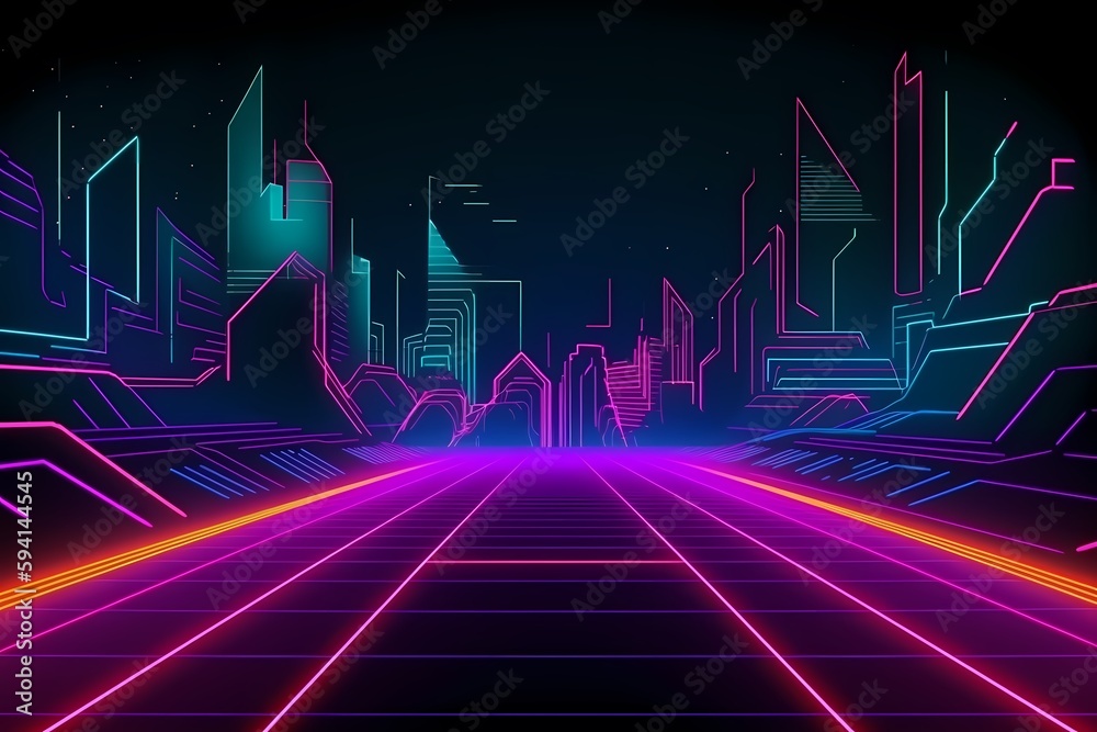 Naklejka premium cyberpunk background wireframe city generated ai