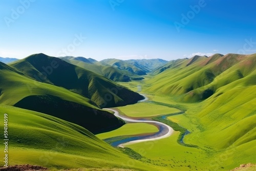 lush green valley with a serene river flowing through it. Generative AI © 2rogan