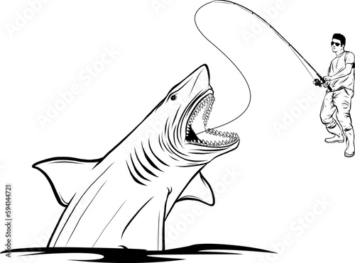 monochrome Fishing label with a shark and a fisherman in a boat.All elements editable.