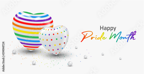 Happy pride month LGBTQ template and background with 3d rainbow heart minimalist style.