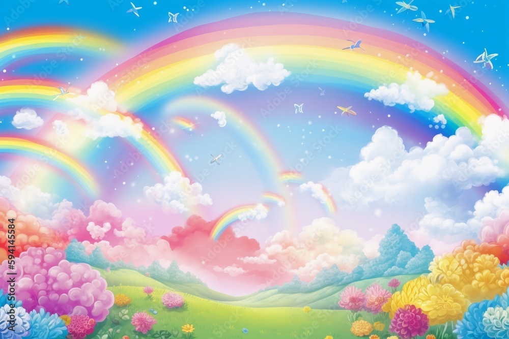 Dream Cute Fantasy Sky Rainbow Sparkling Background Material. AI generative