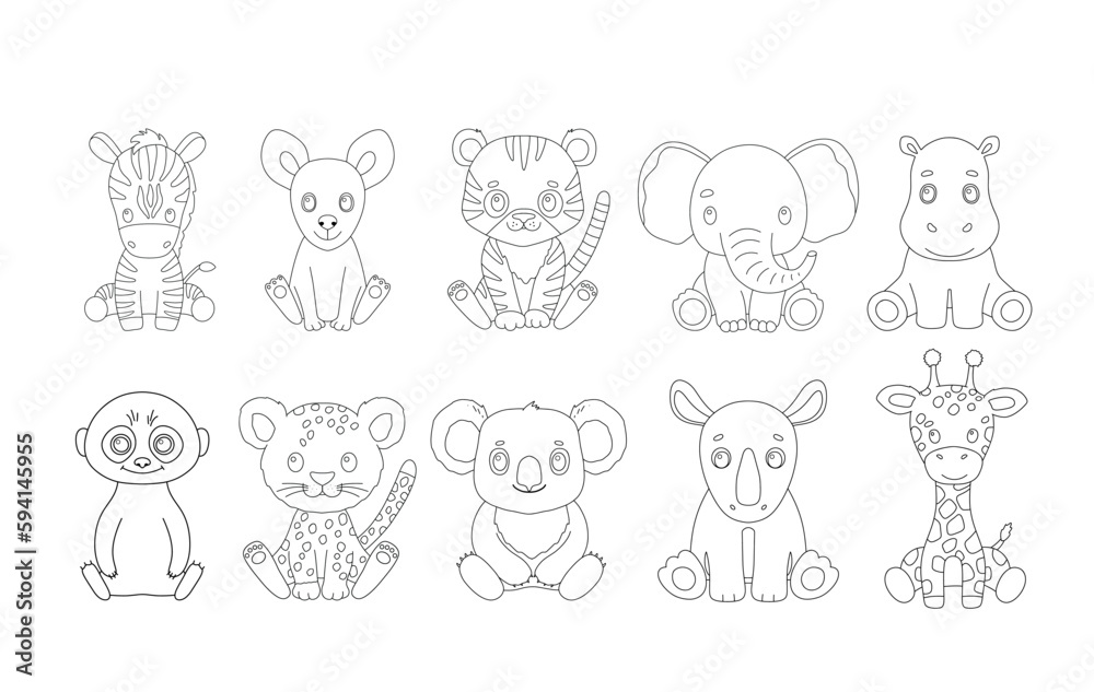 Cute animals in outline style for coloring book. Vector baby zebra, tiger and leopard isolated on white.