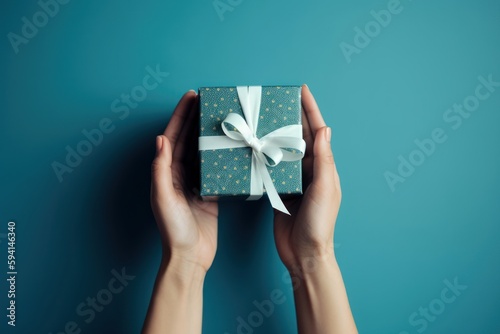 Hand holding gift box, Present for special day background. Generative AI