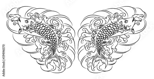 Beautiful line art Koi carp tattoo design ,colorful koi fish and flower. Idea for tattoo and coloring books.