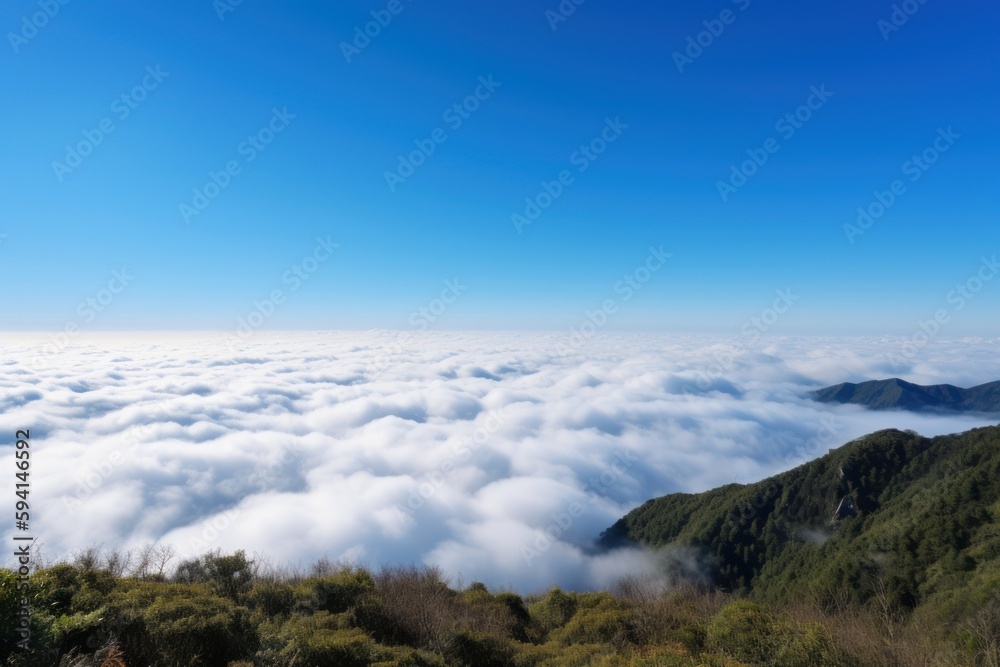 Sea of clouds with blue sky background. Generative AI