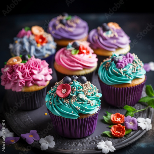 Colorful delicious cupcakes for Mother's day or birthday, Generative AI