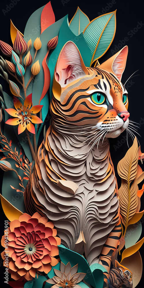 Bengal Cat Background for Smartphone Wallpaper. 3D Papercut paper art craft color Background. Generative AI.