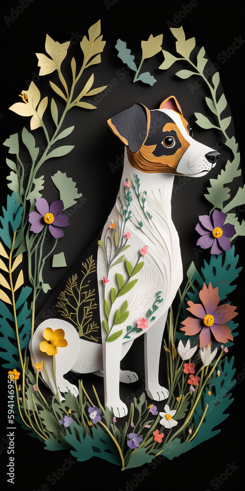 Fototapeta Jack Russel Dog Background for Smartphone Wallpaper. 3D Papercut paper art craft color Background. Generative AI.