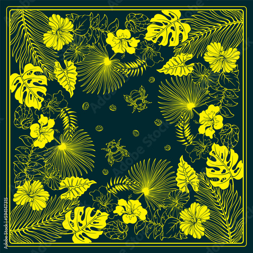 Botanical square pattern with, tropical leaves, flowers, and bumblebees. Vector.