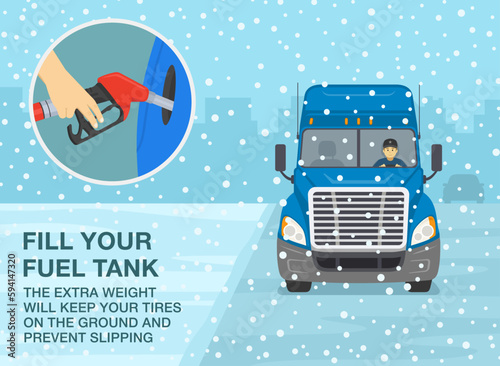 Winter season safe driving tips and rules. Fill your fuel tank, to prevent slipping on snowy road. Front view of a blue truck on snowy road. Flat vector illustration template.