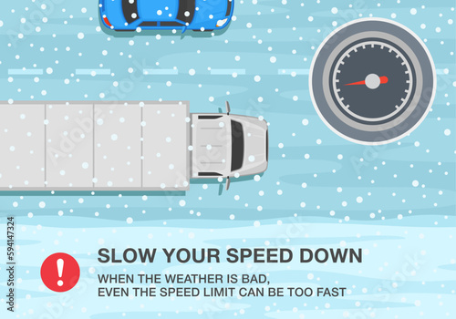 Winter season safe driving tips and rules. Top view of semi trailer on snowy road. Slow down, when the weather is bad even the speed limit can be too fast. Flat vector illustration template.
