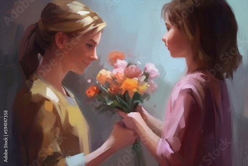 Wallpaper Mural Painting of a girl handing flowers to her mother, mothers day concept, Generative AI Torontodigital.ca